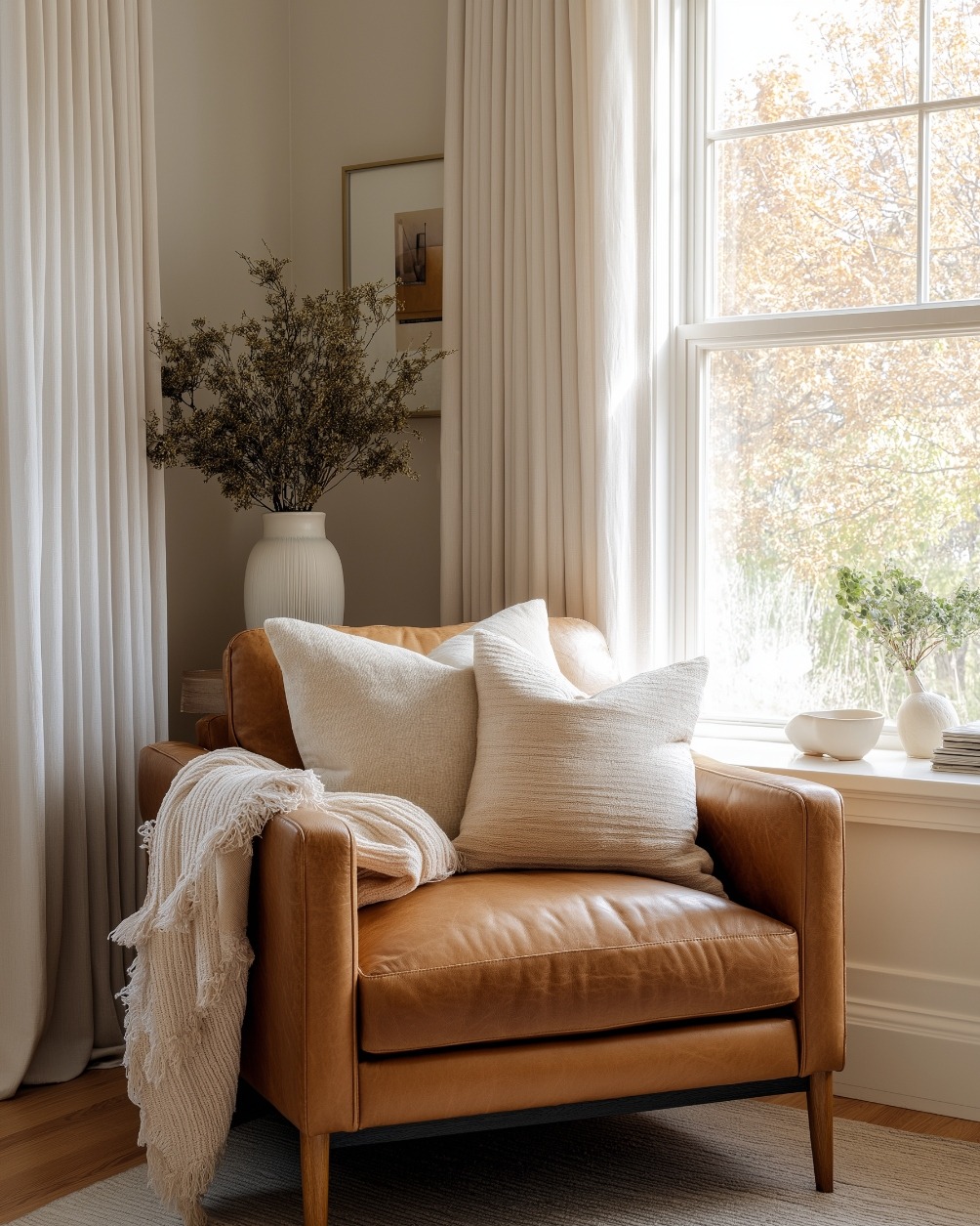 A caramel leather chair beside a sunlit window with autumn foliage outside