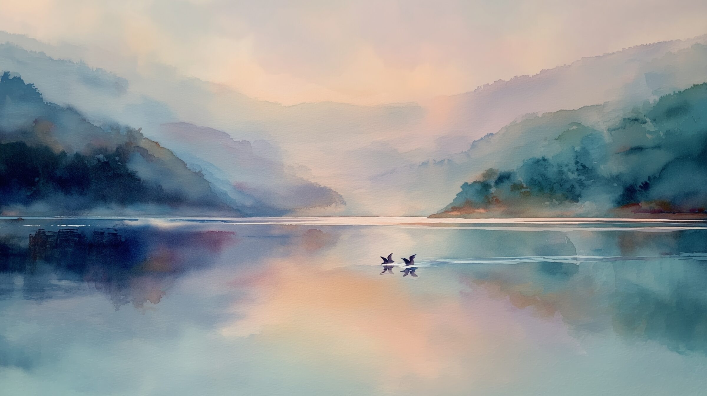 Watercolor of a misty lake at dawn with two birds settling on still water.
