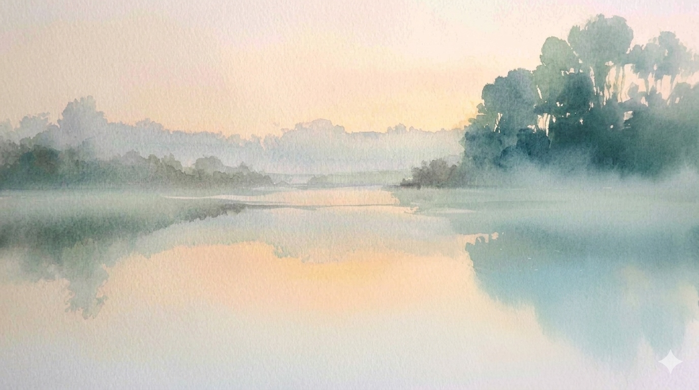 Watercolor of a still pond at early dawn, soft pink and pale gold light at the horizon, sage trees fading into pale haze on the right side