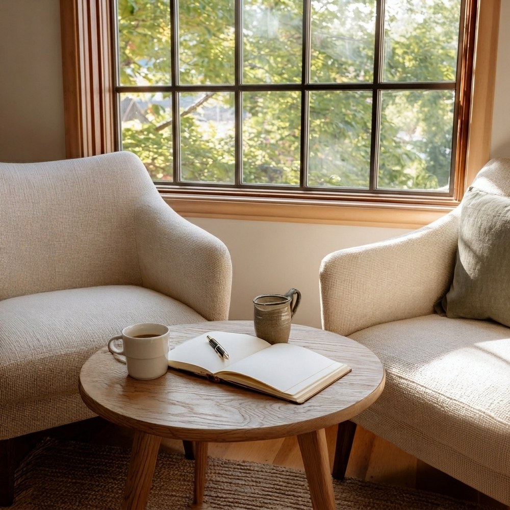 Two cream linen chairs facing each other at a round wood table, an open journal and ceramic mug on the table, a window with green leaves behind