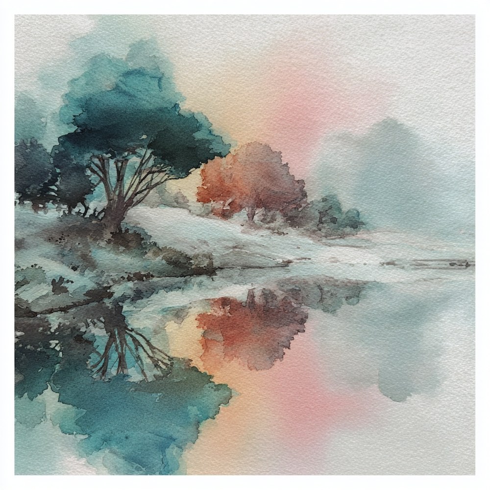 Watercolor landscape with teal trees and soft peach light reflected in still water